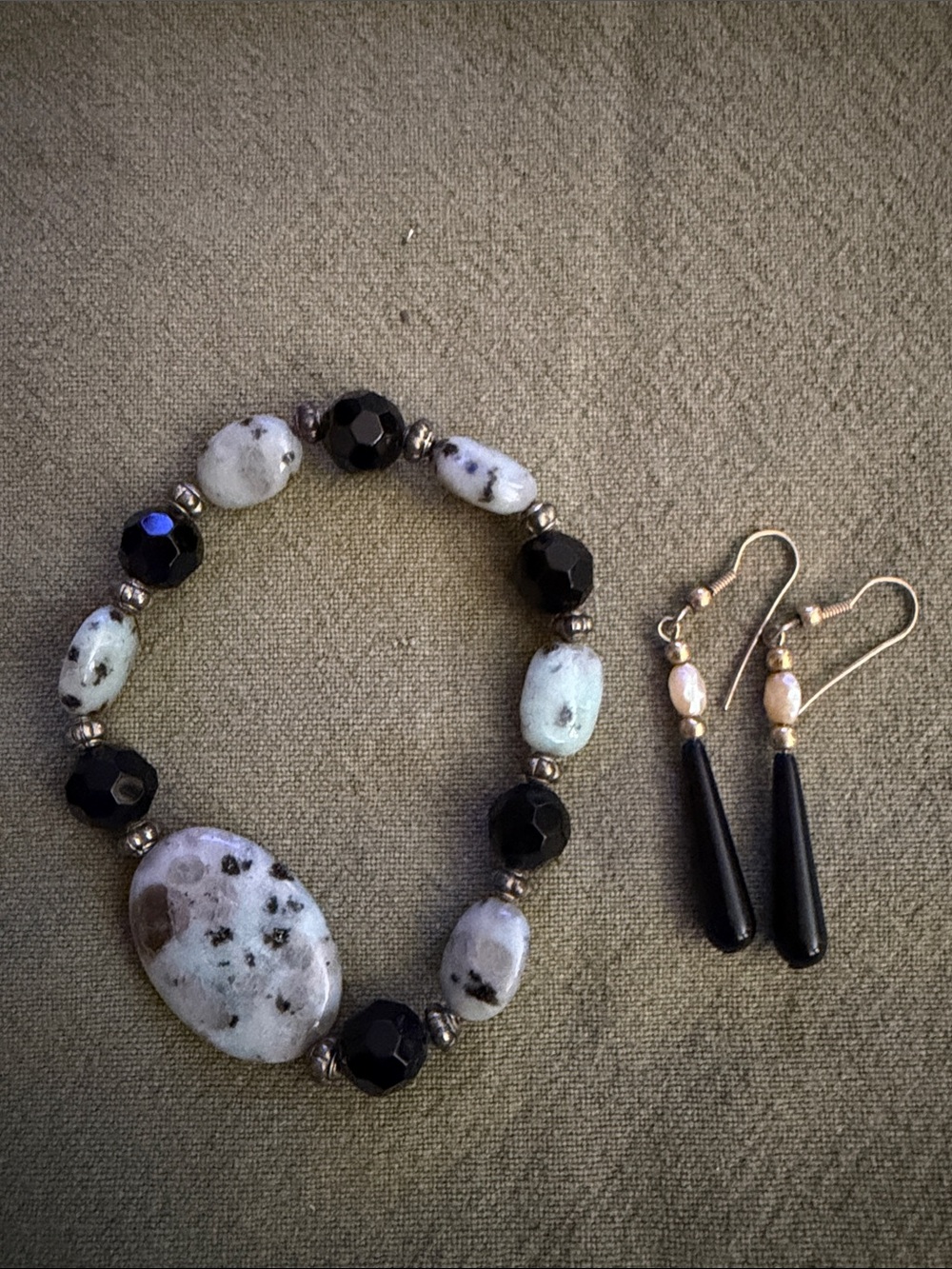 Dalmatian Jasper and Black Bead Stretch Bracelet with Matching Earrings